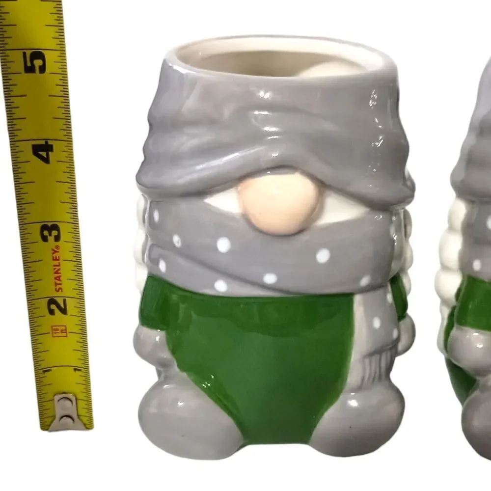 Pottery Barn Gnome Gnomette‎ Mug Set x 3 Ceramic Holiday Gray Green Polka Dots